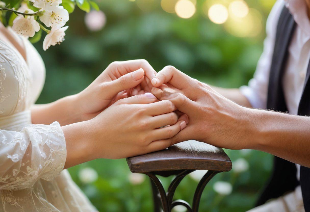 A serene couple sitting on a park bench with intertwined hands, surrounded by soft blooming flowers symbolizing love’s growth. Subtle hints of sunlight filtering through green leaves, creating a warm and inviting atmosphere. Include various stages of a relationship illustrated with heart icons floating in the background, showcasing flirting, dating, and a wedding ring. pastel colors. soft focus. romantic ambiance.