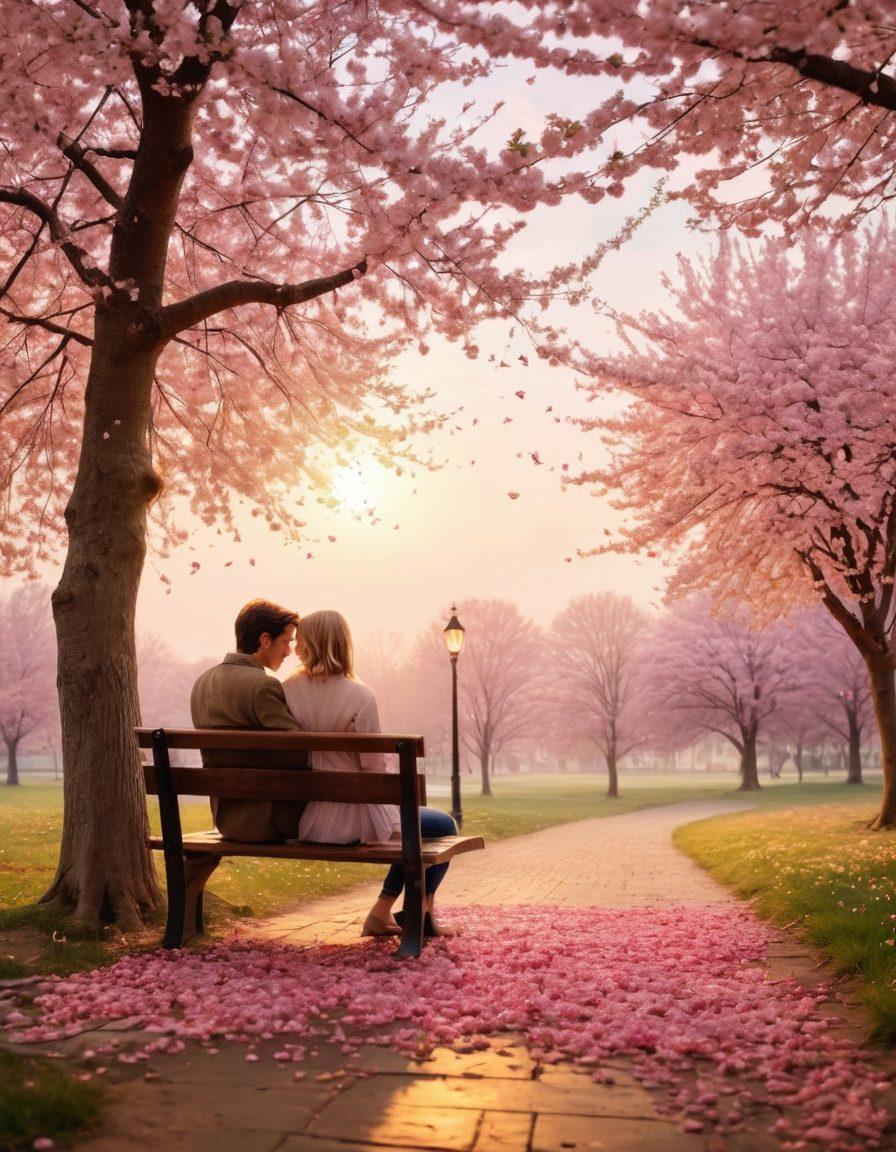 A picturesque scene depicting a couple sitting on a park bench, sharing a heartfelt moment while surrounded by blossoming cherry trees, symbolizing the journey from courtship to commitment. Add soft, warm lighting to evoke romance and intimacy in the atmosphere. Incorporate subtle hints of relationship advice, like an open book with love quotes, placed beside them. Include a dreamy, pastel-colored sky in the background to enhance the emotional depth. vibrant colors. soft focus.