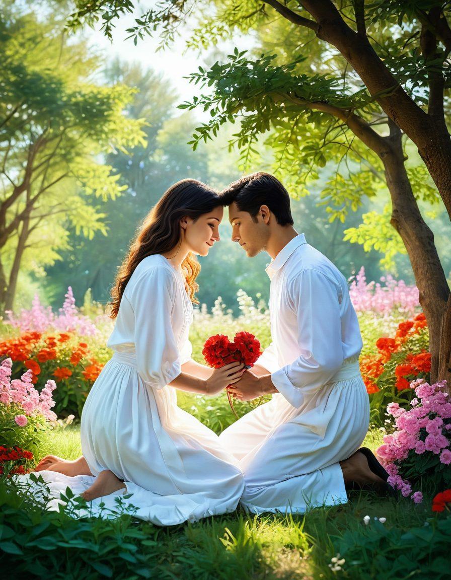 A serene landscape depicting two people sharing an intimate moment, surrounded by blooming flowers and soft sunlight. Their expressions reflect deep emotional connection and companionship, while a gentle breeze rustles the leaves around them, symbolizing warmth and affection. Include vivid colors that evoke a sense of peace and love, with an abstract heart subtly formed in the background. super-realistic. vibrant colors. soft focus.